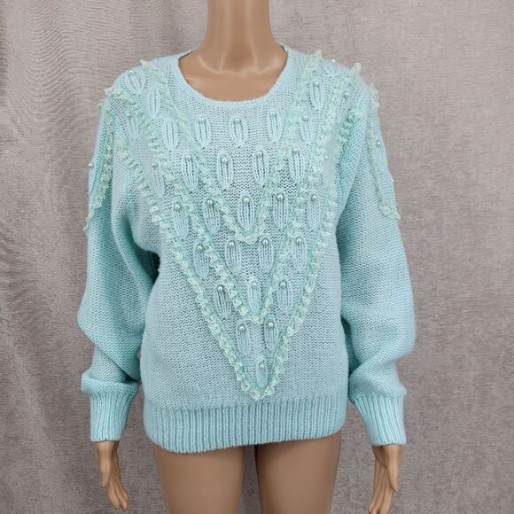 Debra Martin Vintage Women's Mint Blue Knit Sweater Lace Pearl Embellished - Picture 1 of 11